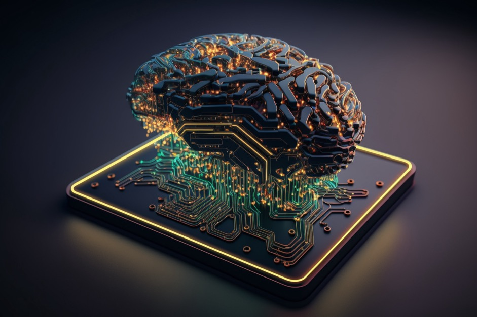 A computer-generated illustration of a machine in the shape of a brain floating over a computer processor board.