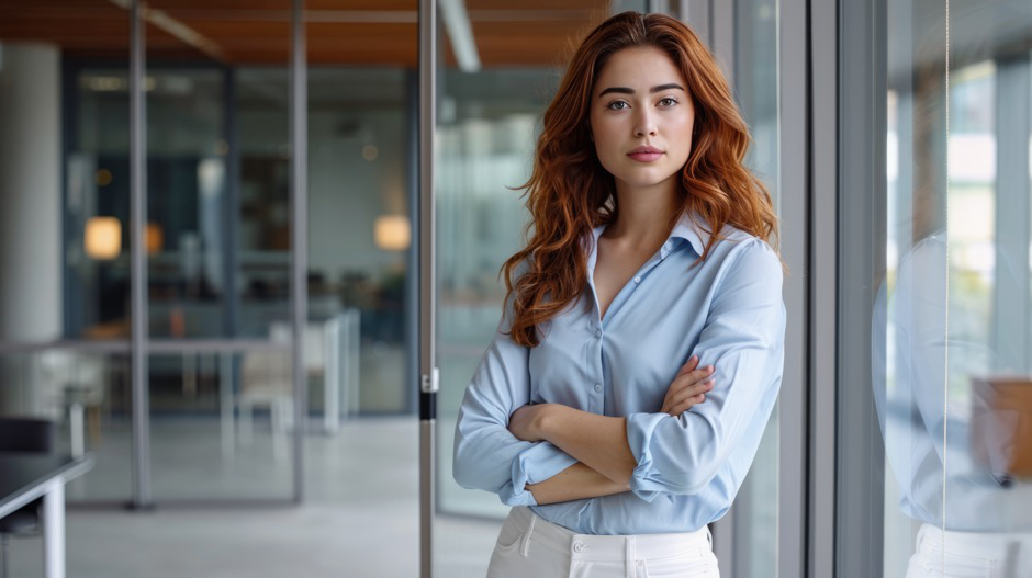 A confident woman business leader wearing a light blue shirt and white pants stands inside an office with glass walls.