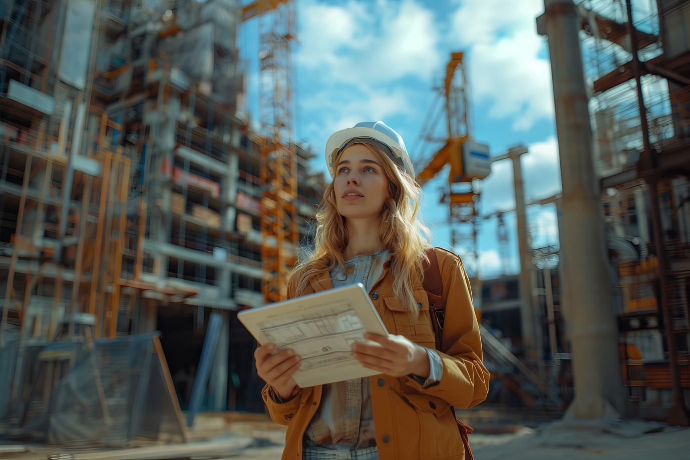 A petroleum engineer on-site, wearing a hard hat and inspecting a refinery.