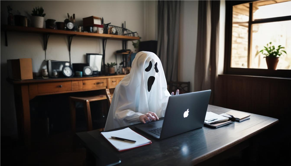 A person dressed as a ghost sits at a desk while working on their computer.