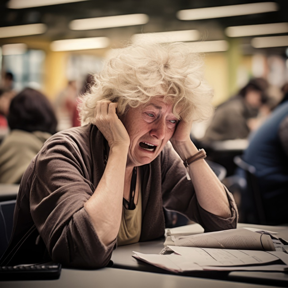 A worker sits at her desk frazzled with her hands on her head looking a papers on her desk