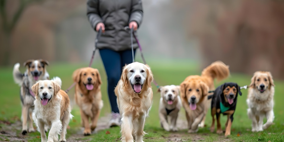 A confident and self-assured dog leading a team of dogs on a leash.