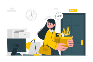 illustration of an employee leaving work with a box of her belongings