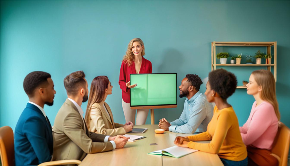 A blonde woman in a red shirt holds up a green screen in an employee development meeting with six people at a table.