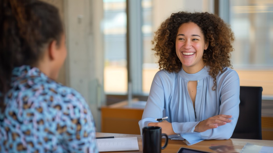 A hiring manager discussing job opportunities with a candidate over a desk in a modern office setting.