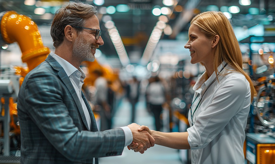 A hiring manager shaking hands with a job candidate