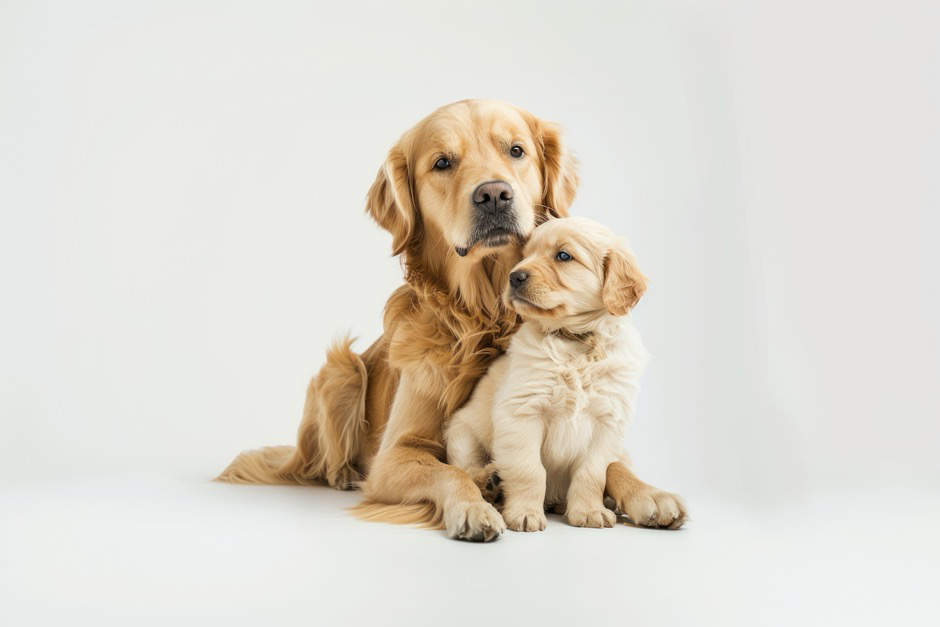 An adult dog with its puppy.