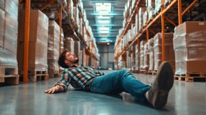 man in warehouse lies on the floor injured