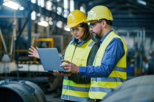 a male and a female engineers wearing a yellow safety vest and hardhat look at a computer together in a manufacturing facility