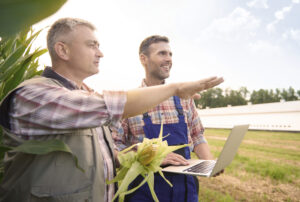 a procurement buyer for a major food company talks with a farmer in the field